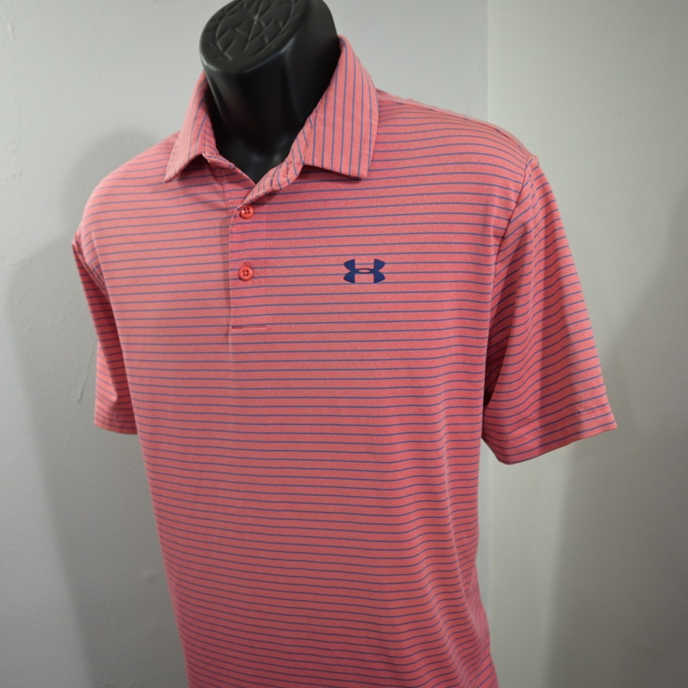 Under Armour Golf Polo Mens Medium Pink Blue Striped Short Sleeve HeatGear